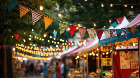 Close-up of summer festival bunting and fairy lights strung across trees and boothsの素材