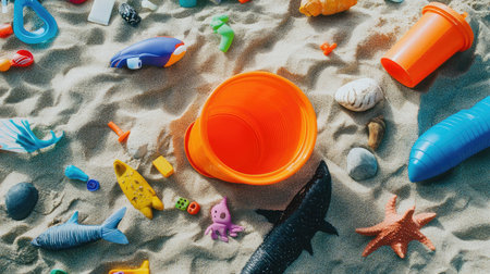 Bright orange bucket overturned on the sand with scattered toys around it, showing spontaneous playの素材
