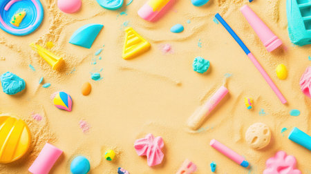 Colorful sand toys with pastel tones lying randomly on golden beach sand, ready for playful design useの素材