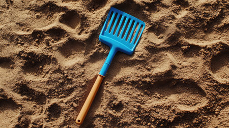 Blue plastic spade and rake left beside a freshly dug mound of beach sand, isolated from any people or backgroundの素材