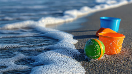 Clear image of beach toys near a tide line on firm wet sand, ready for use in travel or product designの素材