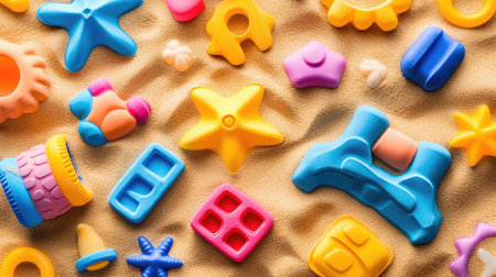Colorful sand toys with pastel tones lying randomly on golden beach sand, ready for playful design useの素材