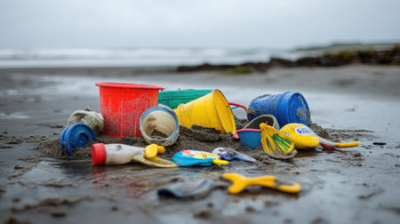 Clear image of beach toys near a tide line on firm wet sand, ready for use in travel or product designの素材