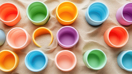 Colorful sand toys with pastel tones lying randomly on golden beach sand, ready for playful design useの素材