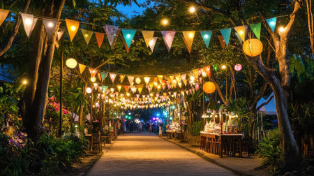 Flags and banners leading down a festival walkway lit by warm string lightsの素材