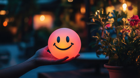 Inflatable smiley face ball gripped by a hand with strong lighting, no background for creative useの素材