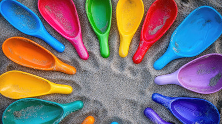 Multiple colorful beach shovels fanned out in a starburst pattern on flat sand, emphasizing symmetry and colorの素材