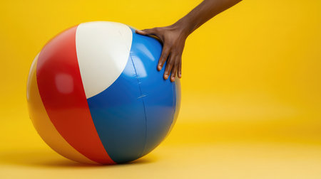 Hand balancing an oversized inflatable ball with cartoon print, isolated from settingの素材