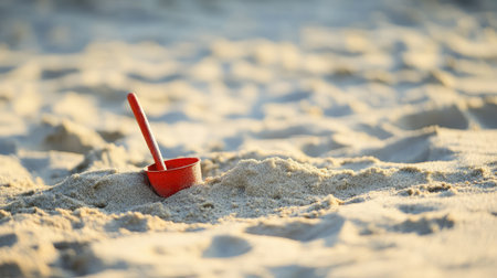 Miniature sand shovel and bucket embedded in soft, untouched sand with clean edges and natural lightingの素材