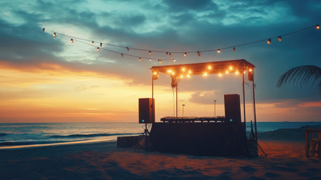 Open air DJ booth with lights and speakers set up at a beachside summer festival locationの素材