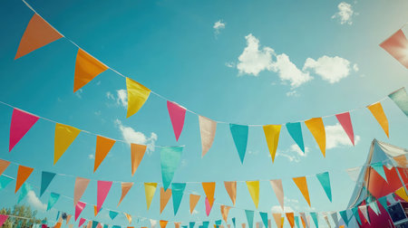 Rows of colorful festival flags blowing in the summer breeze on a wide open event groundの素材