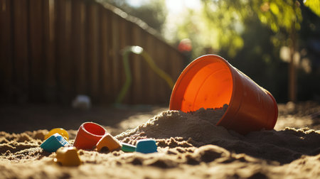 Sandcastle bucket tipped on its side with toy accessories spilling out, captured in warm natural lightの素材
