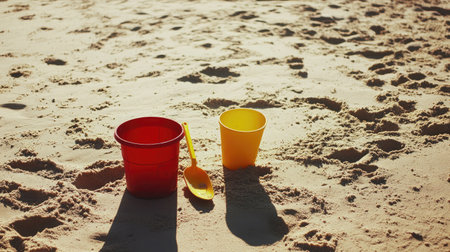 Red bucket and yellow shovel placed next to a small sandcastle on a flat beach surface with clear texture detailsの素材