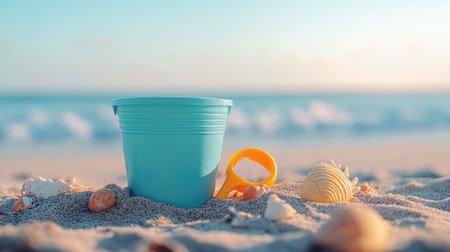 Side angle view of colorful toy pail and tools surrounded by beach debris and fine textured sandの素材