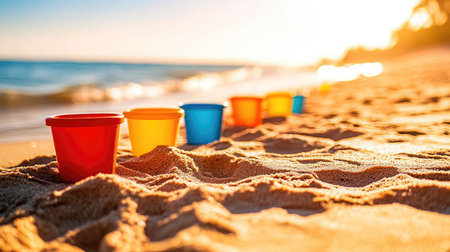 Sand toys lined up in a row across sunlit beach sand, showing variety and uniformity in toy designの素材
