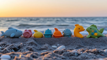 Side view of a small collection of brightly colored sand play toys arranged neatly on a beach backdropの素材