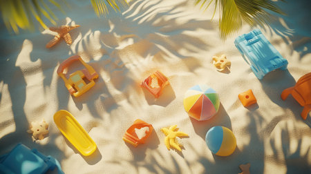Sunlight highlighting the shadows of beach toys placed at the center of a sandy backgroundの素材
