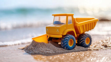 Toy dump truck and sand pail on beach terrain with rippling sand patterns under soft daylightの素材