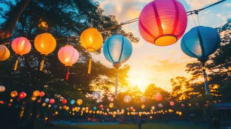 Sunset behind rows of hanging festival lanterns strung across the open-air fieldの素材