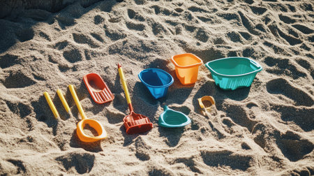 Shadow-casting beach toys laid out in strong sunlight with bold outlines in the sandの素材