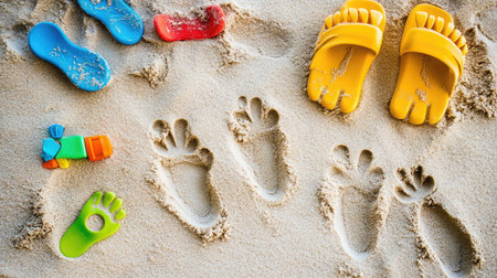 Top view of toys for beach sand play arranged in a circle with footprints around them, emphasizing space and shapeの素材