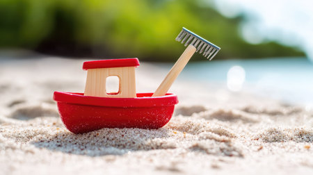 Toy boats and rakes placed at angles on beach sand with clean shadows and visible toy texturesの素材