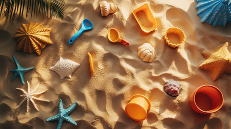 Various beach sand toys including molds, scoops, and buckets lying on soft, sunlit sand ready for creative funの素材