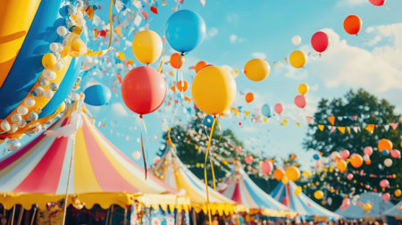 View of a row of colorful festival tents with balloons and streamers swaying in the windの素材