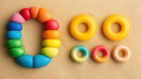 Smooth sand with a single set of colorful toys arranged in a fan layout, clean and ready for product mockupの素材