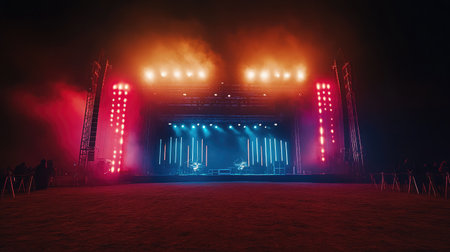 Vibrant stage lighting illuminating an empty field before a concert begins at a summer festivalの素材