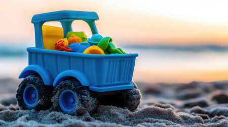 Toy beach truck filled with sand toys on a flat beach surface, captured from a side angle with no distractionsの素材