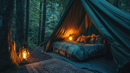 Glamping tent with plush bedding and lanterns softly glowing inside a forest retreatの素材