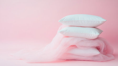 Stack of plush pillows and a weighted blanket on a calm pastel background, suggesting deep relaxationの素材