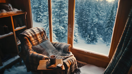 Warm cabin nook with plush chair, window view of snowy trees, and hot drink on the tableの素材