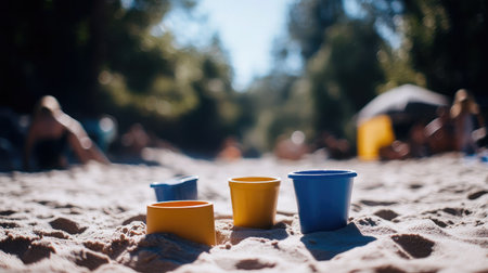 Various beach sand toys including molds, scoops, and buckets lying on soft, sunlit sand ready for creative funの素材