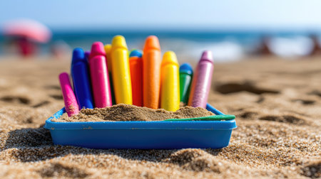 Mini sand tools set arranged neatly in a small tray sitting on the beach with no people or other distractionsの素材