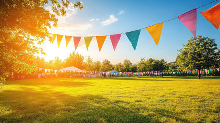 Rows of colorful festival flags blowing in the summer breeze on a wide open event groundの素材