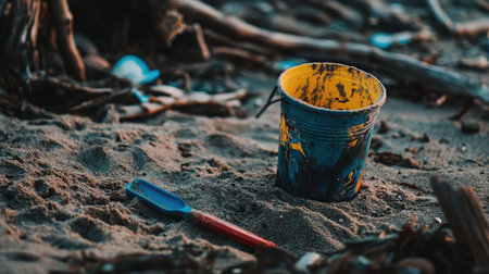 Side angle view of colorful toy pail and tools surrounded by beach debris and fine textured sandの素材