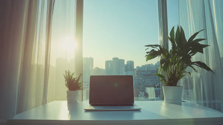 Bright daylight illuminates a white desk with a laptop and headphones near a large window with sheer curtainsの素材