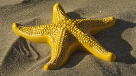 Yellow plastic mold shaped like a starfish with fine beach sand grains caught in its groovesの素材