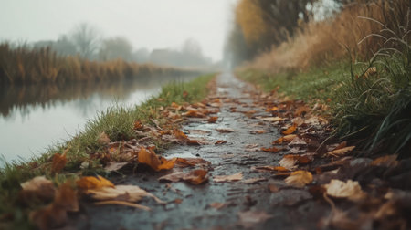 Distant shot of a foggy path lined with fresh footprints and disturbances in fallen leavesの素材