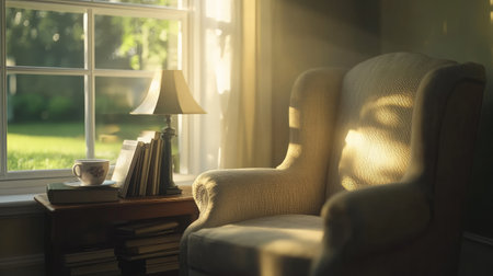 Modern reading corner with a soft chair, small lamp, and books stacked neatly next to a tea cupの素材