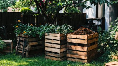 DIY compost setup using old wooden crates labeled as eco-friendly garden solutionの素材