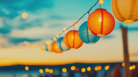 Colorful paper lanterns hanging from string lights over a festival field during sunset, capturing the festive summer vibeの素材