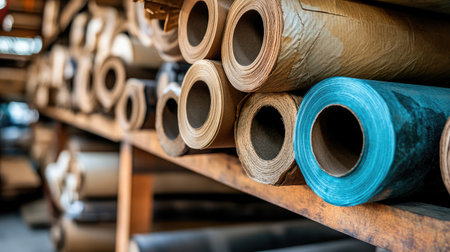 Collection of paper rolls made from  recycled content displayed on wooden shelvesの素材