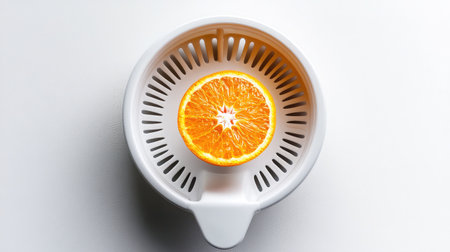 A juicer tool with half an orange pressed onto it, floating above whiteの素材
