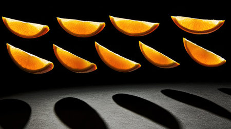 Floating orange slices arranged in mid-air with shadows removedの素材