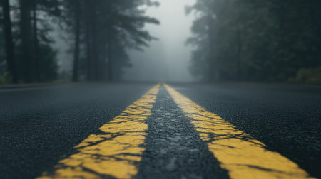 Isolated road with deep impressions in fresh snow leading into a foggy horizonの素材