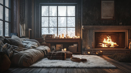 Mountain cabin living space with rustic decor, soft seating, and a roaring fireplace for restful vibesの素材