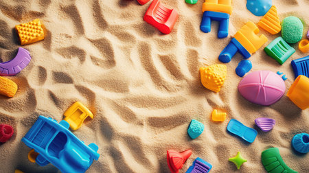 Smooth sand with a single set of colorful toys arranged in a fan layout, clean and ready for product mockupの素材